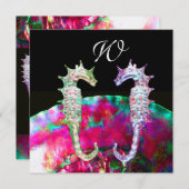 シーホースビーチ結婚式モノグラム、ピンクブルーブラック 招待状 (正面/裏面)