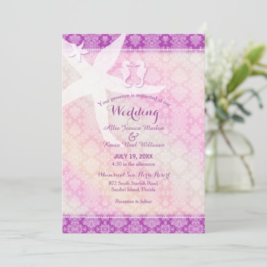 シーホースペアパープルトロピカルビーチ結婚式 招待状 (スタンド正面)