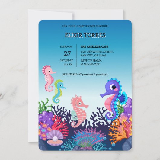 シーホースモダンのベビーシャワーの下で 招待状 (正面)