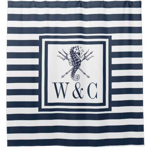 シーホースモノグラムネービーブルーストライプの航海の シャワーカーテン (正面)