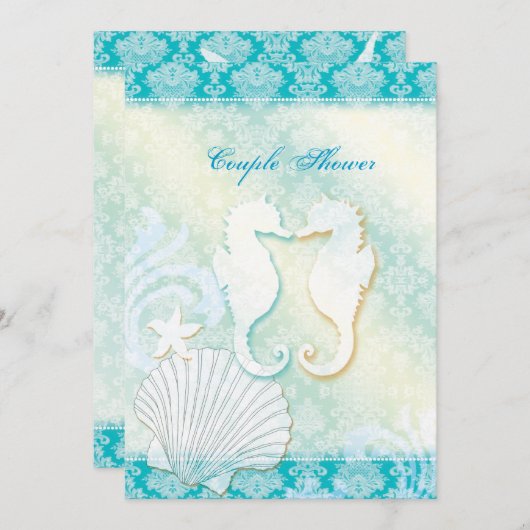 シーホース夏ビーチ結婚式カップルのシャワー 招待状 (正面/裏面)