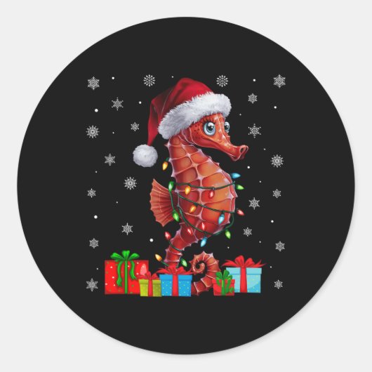 シーホース醜いクリスマスライツサンタハットシーホースクリス ラウンドシール (正面)