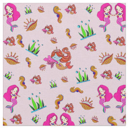 シーホース&シェル付きピンクのメイブメルメイド ファブリック