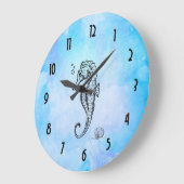 シーホース&シーシェルオンブルーウォーターカラー ラージ壁時計 (傾斜)