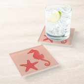 シーホース&スターフィッシュ – コーラルオレンジの色合い ガラスコースター (アングル)