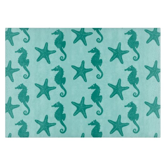 シーホース&ヒトデ – ターコイズとアクア カッティングボード (正面)