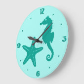 シーホース&ヒトデ – ターコイズとアクア ラージ壁時計 (傾斜)