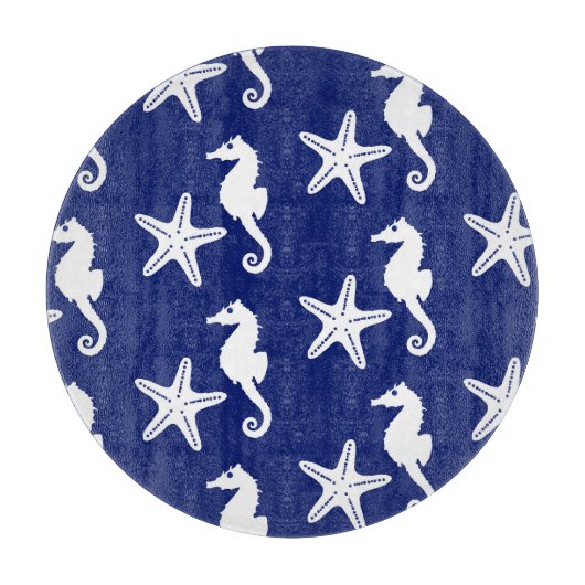 シーホース&ヒトデ – ネイビーブルーとホワイト カッティングボード (正面)