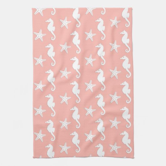 シーホース&ヒトデ – ライトコーラルピンク キッチンタオル (縦)