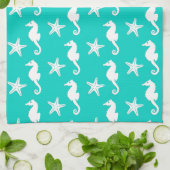 シーホース&ヒトデ – 白オンターコイズ キッチンタオル (折り畳み)