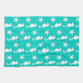 シーホース&ヒトデ – 白オンターコイズ キッチンタオル (横)