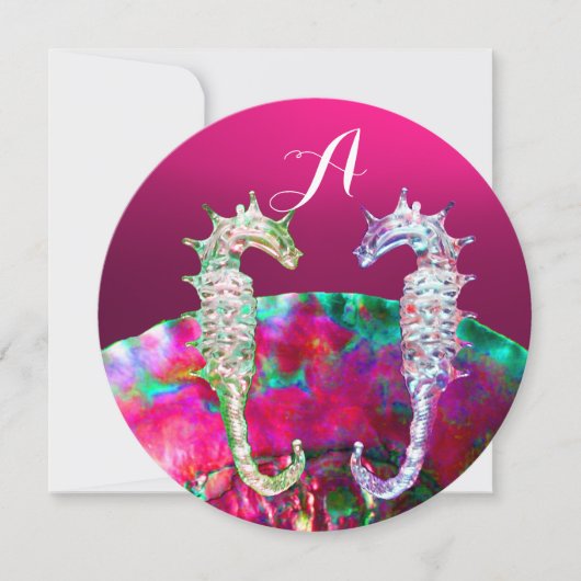 シーホース、ピンクヌカービーチ結婚式モノグラム 招待状 (正面)
