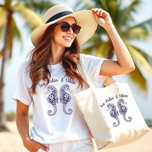 シーホース – 漁師コア – ハワイアン – トロピカルブルー ラージトートバッグ