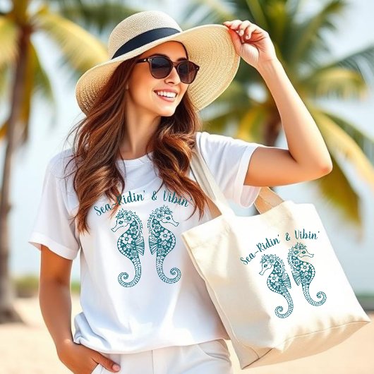 シーホース – 漁師コア – ハワイアン – 熱帯 – ティール（緑がかった色） ラージトートバッグ