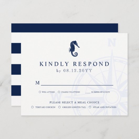 シーホース |航海のテーマの結婚式RSVPの食事 出欠カード (正面/裏面)