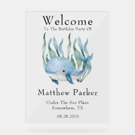 シーボーイウェルカムサインの下の青いクジラ アクリルサイン