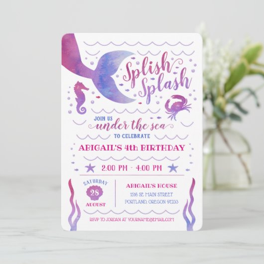 シーマーメイドの下のピンクの水色誕生日 招待状 (スタンド正面)
