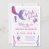 シーマーメイドの下のピンクの水色誕生日 招待状 (正面)