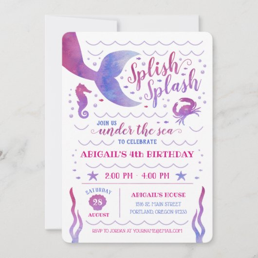 シーマーメイドの下のピンクの水色誕生日 招待状 (正面)