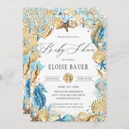 シーマーメイドベビーシャワーブルー金ゴールド 招待状 (正面/裏面)