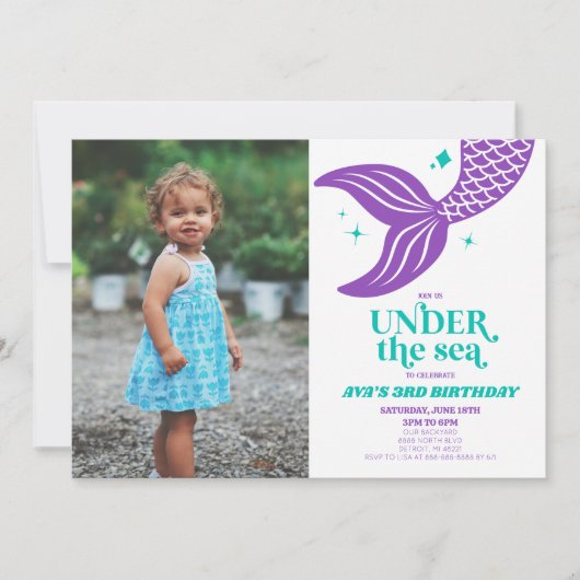 シーマーメイド海写真誕生日パーティーの下 招待状 (正面)