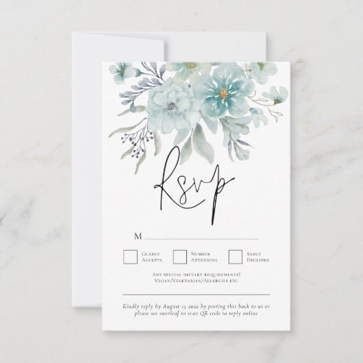 シーミストティール（緑がかった色）ホワイト花模様QRコード結婚ズ 出欠カード (正面)