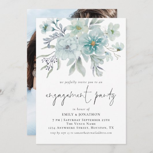 シーミストティール(緑がかった色)花模様写真婚約パーティ 招待状 (正面/裏面)