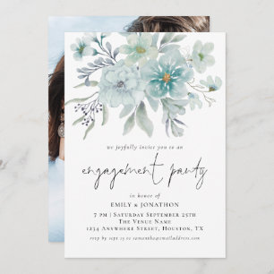 シーミストティール(緑がかった色)花模様写真婚約パーティ 招待状