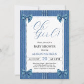 シームと弓でブルージャン赤ちゃん女の子シャワー 招待状 (正面)