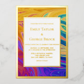 シームエレガントカラフルレス抽象芸術金ゴールド結婚の 箔招待状 (正面)
