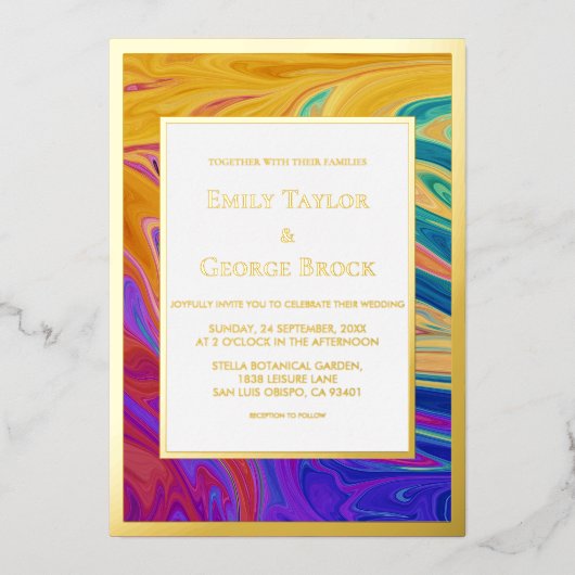 シームエレガントカラフルレス抽象芸術金ゴールド結婚の 箔招待状 (正面)