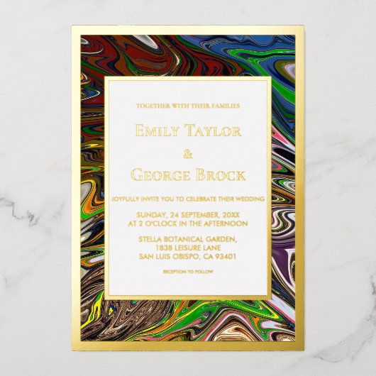 シームエレガントレス抽象芸術アーモダント結婚金ゴールド 箔招待状 (正面)