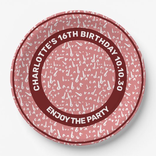 シームレおもしろいームパターンアラカダブラ白オンピンク ペーパープレート (正面)