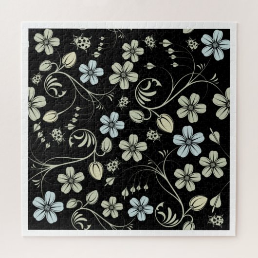 シームレクラシックスの花のパターン、黒い背景 ジグソーパズル (横)