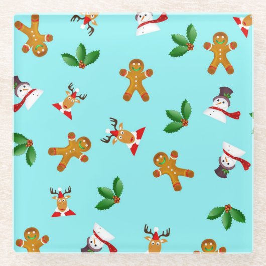 シームレスかわいいクリスマスパターンガラスのコースター ガラスコースター (正面)