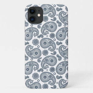 シームレスなインディアンダークブルーペイズリーパターンの白 iPhone 11 ケース