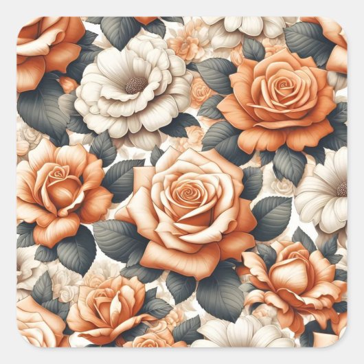 シームレスなオレンジと白のローズパターン スクエアシール (正面)