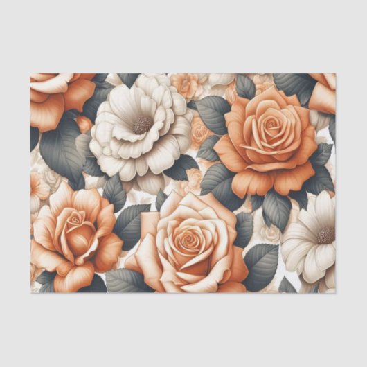 シームレスなオレンジと白のローズパターン 薄葉紙 (正面)