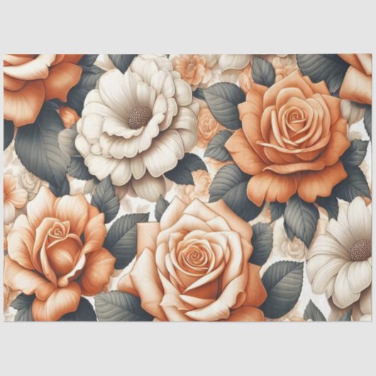 シームレスなオレンジと白のローズパターン 薄葉紙 (正面)