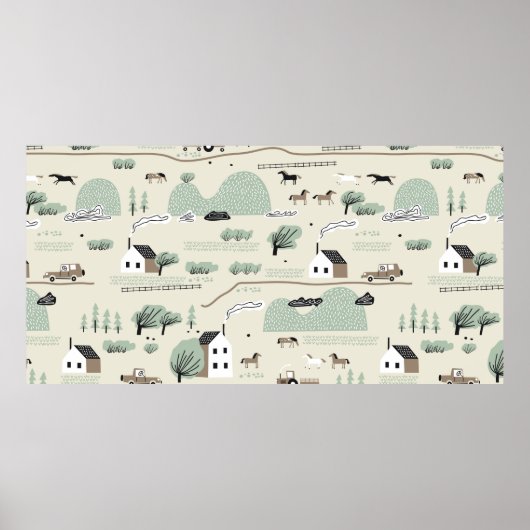 シームレスなカラフルパターン（家、木、馬） ポスター (正面)