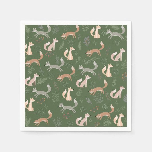 シームレスなキツネ冬の枝葉と スタンダードカクテルナプキン (正面)