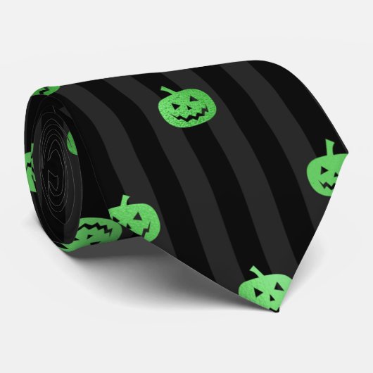 シームレスなグリーンフォイルのカボチャストライプ&ハロウィン ネクタイ (ロール)