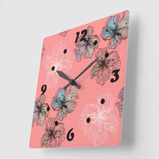 シームレスなスケッチされた折り付き花の抽象芸術モダンパ スクエア壁時計 (傾斜)