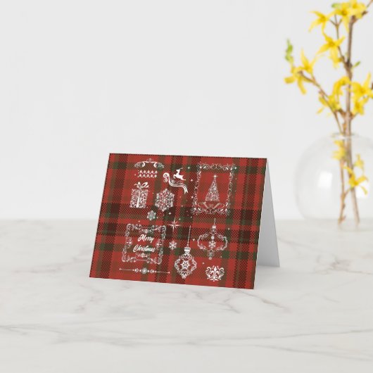 シームレスなチェック柄のクリスマスデコレーション 赤と白 カード (黄色い花)