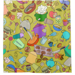 シームレスなテクスチャ。手描きのドードルが食べ物に適している シャワーカーテン