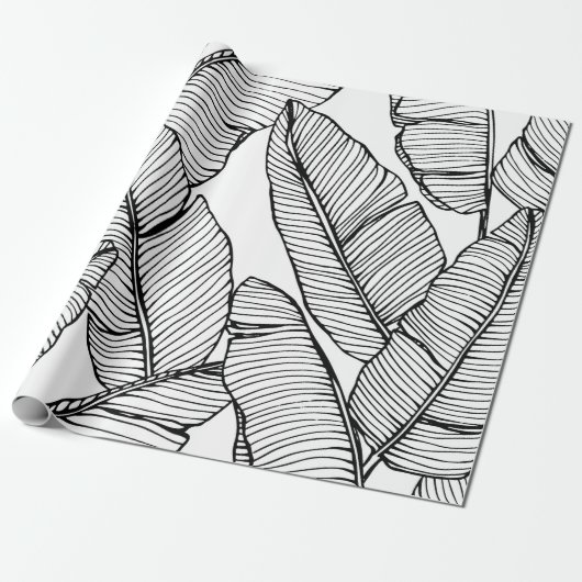 シームレスなバナナの葉のパターンの背景。黒と ラッピングペーパー (アンロールド)