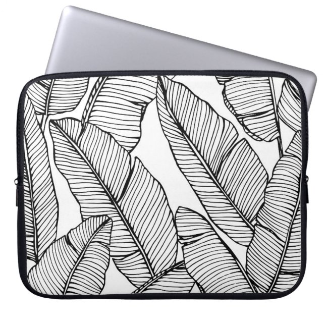 シームレスなバナナの葉のパターンの背景。黒と ラップトップスリーブ (正面)
