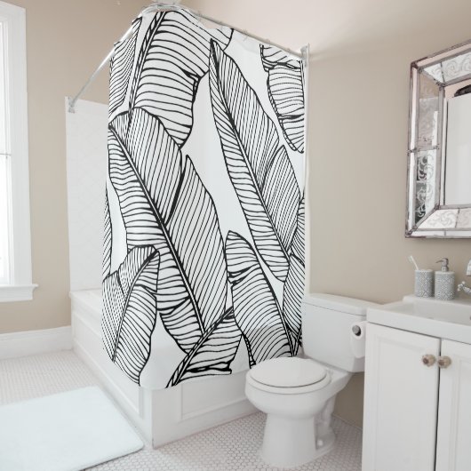 シームレスなバナナの葉のパターン背景。黒と シャワーカーテン (インサイチュ)