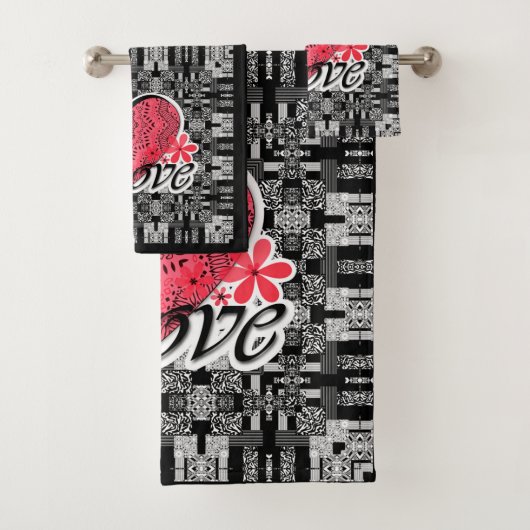 シームレスなバレンタインデー愛グレー白の赤いパテ バスタオルセット (インサイチュ)