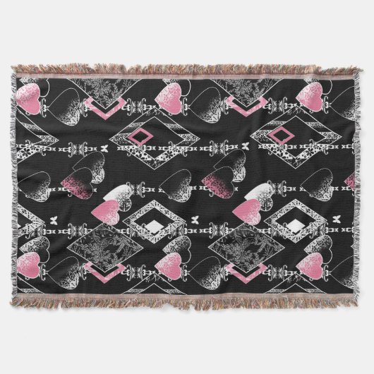 シームレスなバレンタインデー愛ブラックパターンハート スローブランケット (正面)